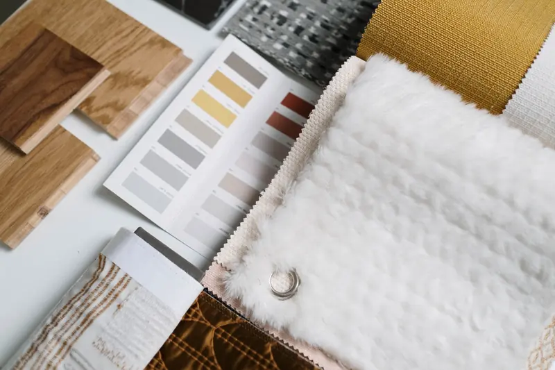Wood and color samples laid out for choosing finishes