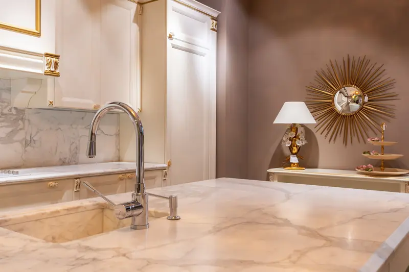 Undermount sink set into a marble-look countertop